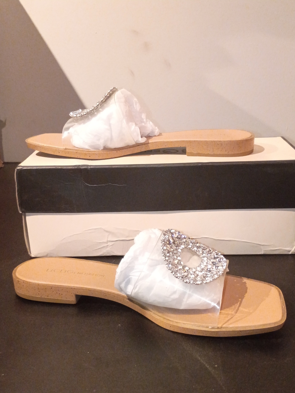 BCBGeneration White Crystal-Embellished Slide Sandals